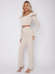 Frill Shoulder Slinky Crop Top & Wide Leg Trouser Co-ord