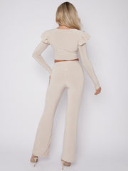Frill Shoulder Slinky Crop Top & Wide Leg Trouser Co-ord