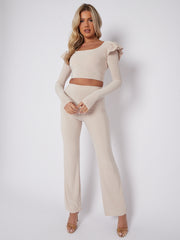 Frill Shoulder Slinky Crop Top & Wide Leg Trouser Co-ord
