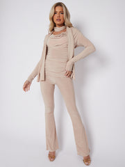 Slinky Cowl Neck Top & Flare Trouser Co-ord With Scarf