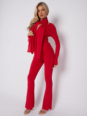 Slinky Cowl Neck Top & Flare Trouser Co-ord With Scarf