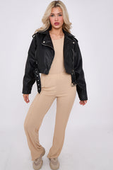 Faux Leather Cropped Biker Jacket With Belt
