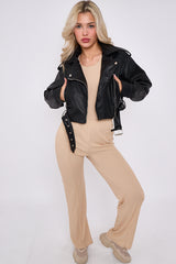 Faux Leather Cropped Biker Jacket With Belt