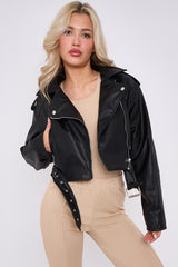 Faux Leather Cropped Biker Jacket With Belt