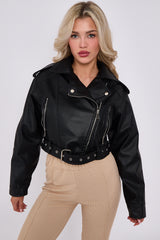 Faux Leather Cropped Biker Jacket With Belt