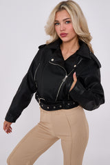Faux Leather Cropped Biker Jacket With Belt