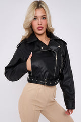 Faux Leather Cropped Biker Jacket With Belt