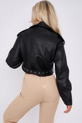 Faux Leather Cropped Biker Jacket With Belt
