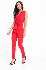 Tuxedo Style Tie Waist Wrap Jumpsuit