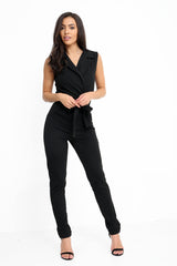 Tuxedo Style Tie Waist Wrap Jumpsuit
