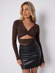 Long Sleeves Twist Knot Cut Out Crop Top