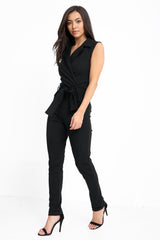 Tuxedo Style Tie Waist Wrap Jumpsuit