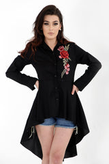 Rose Embroidered Dip Hem Shirt