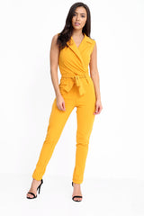 Tuxedo Style Tie Waist Wrap Jumpsuit