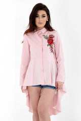 Rose Embroidered Dip Hem Shirt