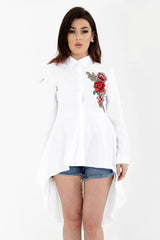 Rose Embroidered Dip Hem Shirt