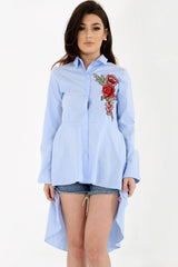 Rose Embroidered Dip Hem Shirt