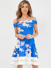 Floral Print Mesh Insert Bardot Skater Dress