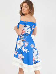 Floral Print Mesh Insert Bardot Skater Dress