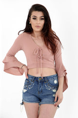 Lace Up Front Flared Sleeve Crop Top