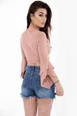 Lace Up Front Flared Sleeve Crop Top
