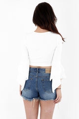 Lace Up Front Flared Sleeve Crop Top