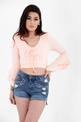 Lace Up Front Flared Sleeve Crop Top