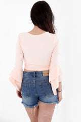 Lace Up Front Flared Sleeve Crop Top