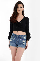 Lace Up Front Flared Sleeve Crop Top