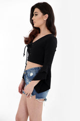 Lace Up Front Flared Sleeve Crop Top