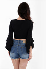 Lace Up Front Flared Sleeve Crop Top
