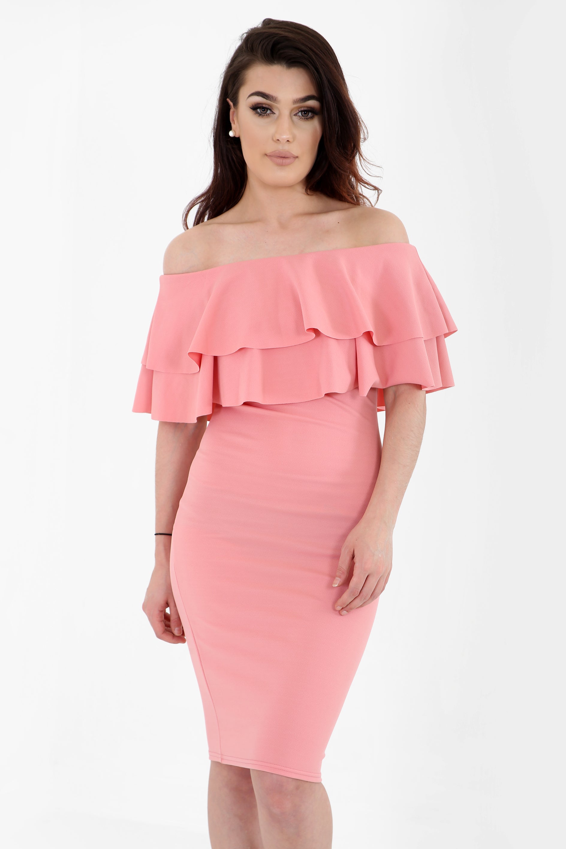 Ladies Clothing And Shoe Wholesaler Stylewise Direct UK Double Frill Off The Shoulder Bardot Dress Ladies Clothing And Shoe Wholesaler Stylewise Direct UK Double Frill Off The Shoulder Bardot Dress