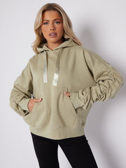 Ribbon Drawstring Ruched Sleeves Fleeced Hoodie