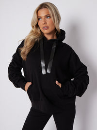 Ribbon Drawstring Ruched Sleeves Fleeced Hoodie - Black