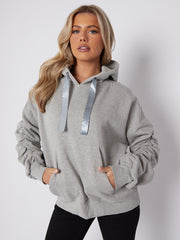 Ribbon Drawstring Ruched Sleeves Fleeced Hoodie
