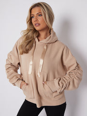 Ribbon Drawstring Ruched Sleeves Fleeced Hoodie