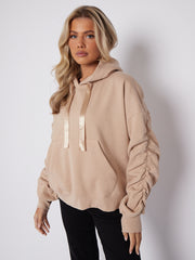 Ribbon Drawstring Ruched Sleeves Fleeced Hoodie