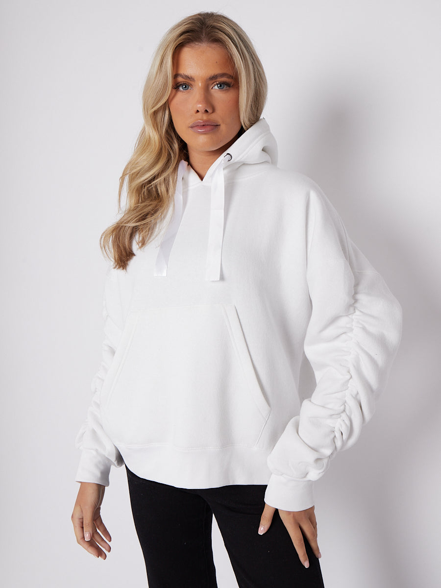 thumbnail image 2 of Women's Oversized Hoodie With Ruched Sleeves & Ribbon Tie – Fleece Lined – All Colors 2 of 3