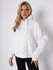 Ribbon Drawstring Ruched Sleeves Fleeced Hoodie