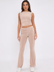 Slinky Sleeveless Ruched Crop Top & Fold Over Flared Trouser Co-ord