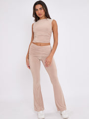 Slinky Sleeveless Ruched Crop Top & Fold Over Flared Trouser Co-ord