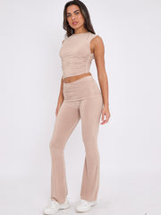 Slinky Sleeveless Ruched Crop Top & Fold Over Flared Trouser Co-ord