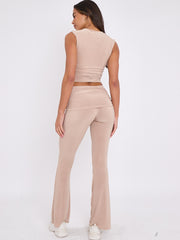 Slinky Sleeveless Ruched Crop Top & Fold Over Flared Trouser Co-ord