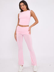 Slinky Sleeveless Ruched Crop Top & Fold Over Flared Trouser Co-ord