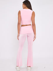 Slinky Sleeveless Ruched Crop Top & Fold Over Flared Trouser Co-ord