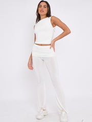 Slinky Sleeveless Ruched Crop Top & Fold Over Flared Trouser Co-ord