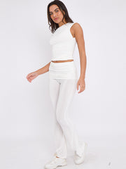 Slinky Sleeveless Ruched Crop Top & Fold Over Flared Trouser Co-ord