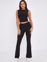Slinky Sleeveless Ruched Crop Top & Fold Over Flared Trouser Co-ord