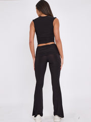 Slinky Sleeveless Ruched Crop Top & Fold Over Flared Trouser Co-ord