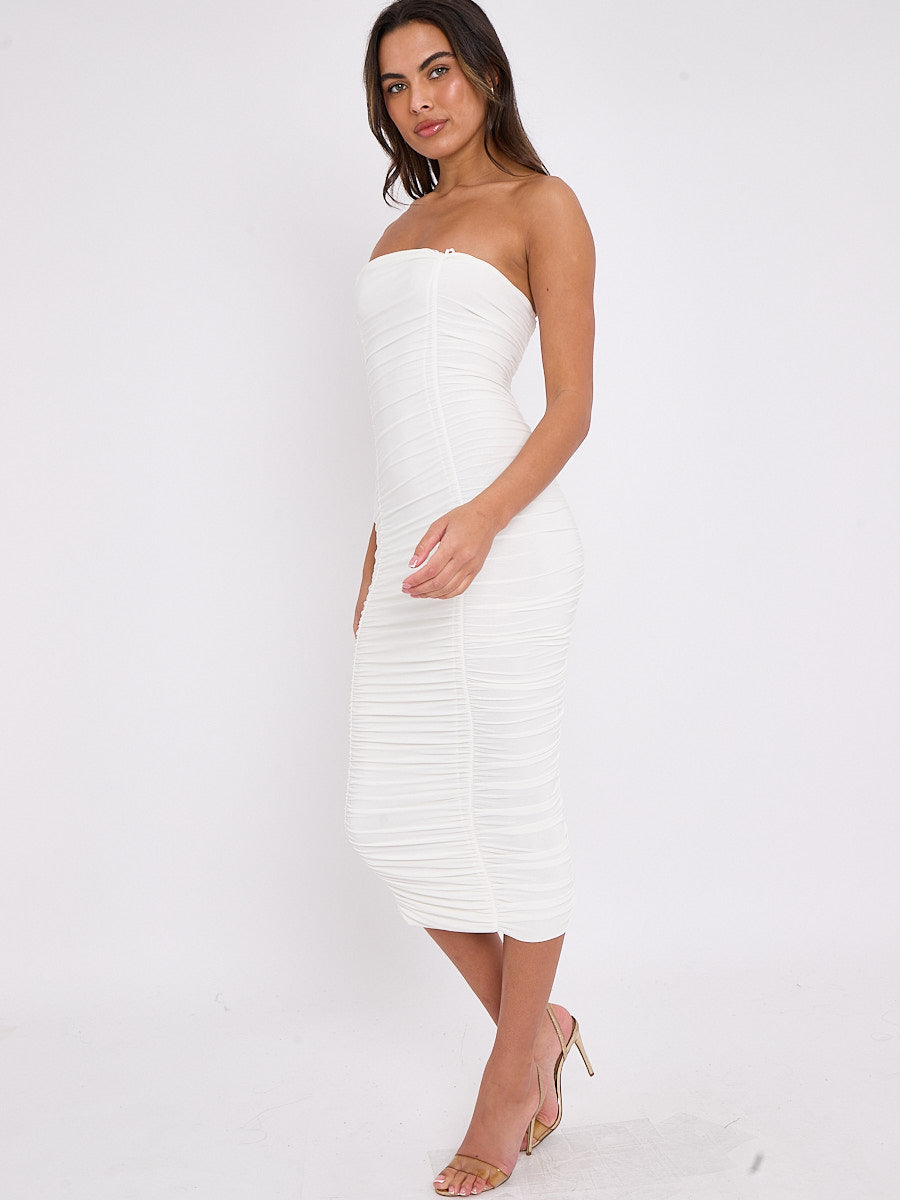 white bandeau binded cup detail ruched bodycon dress Chic White Bandeau Bodycon Dress